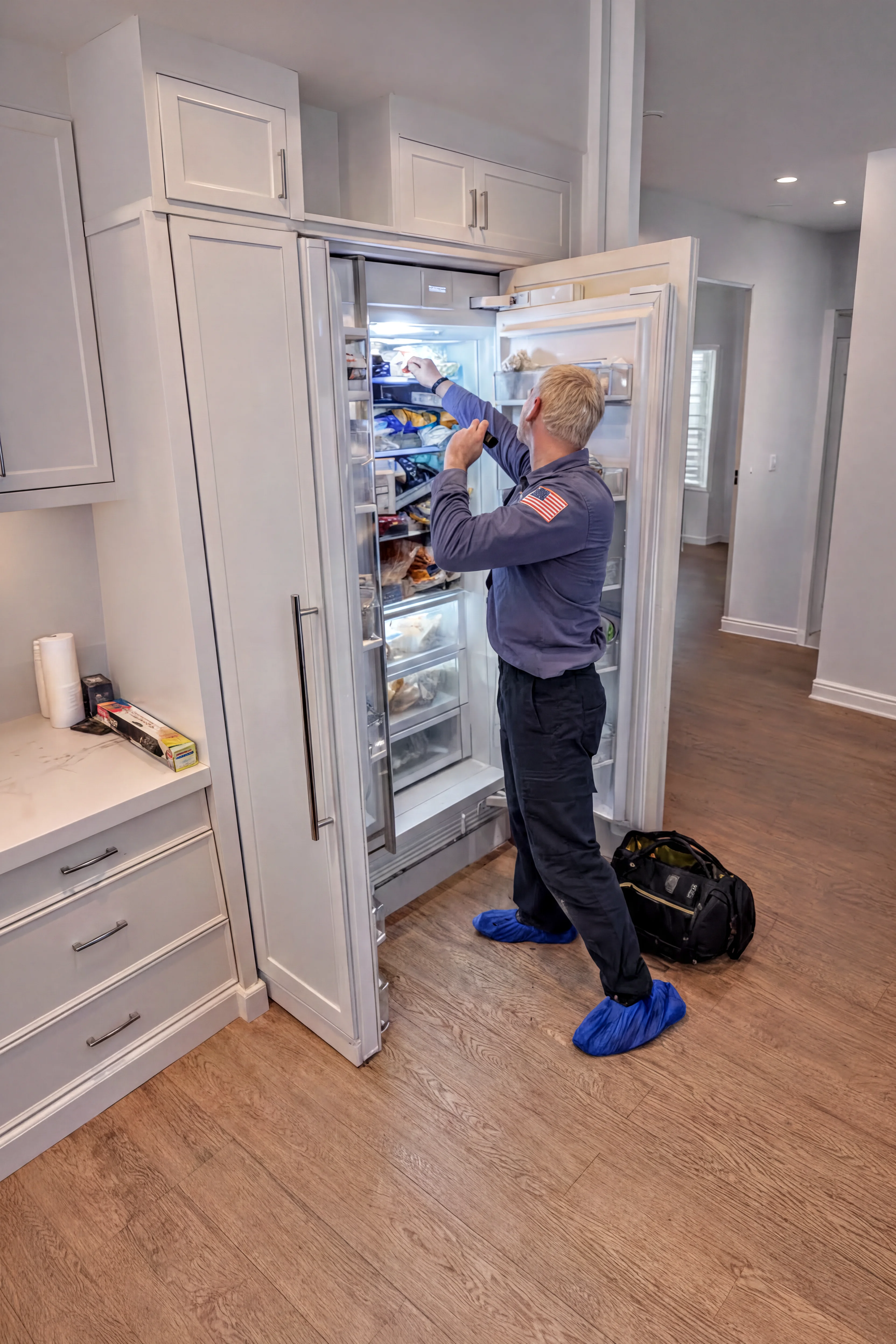 Dumitru repairing a built-in refrigerator
